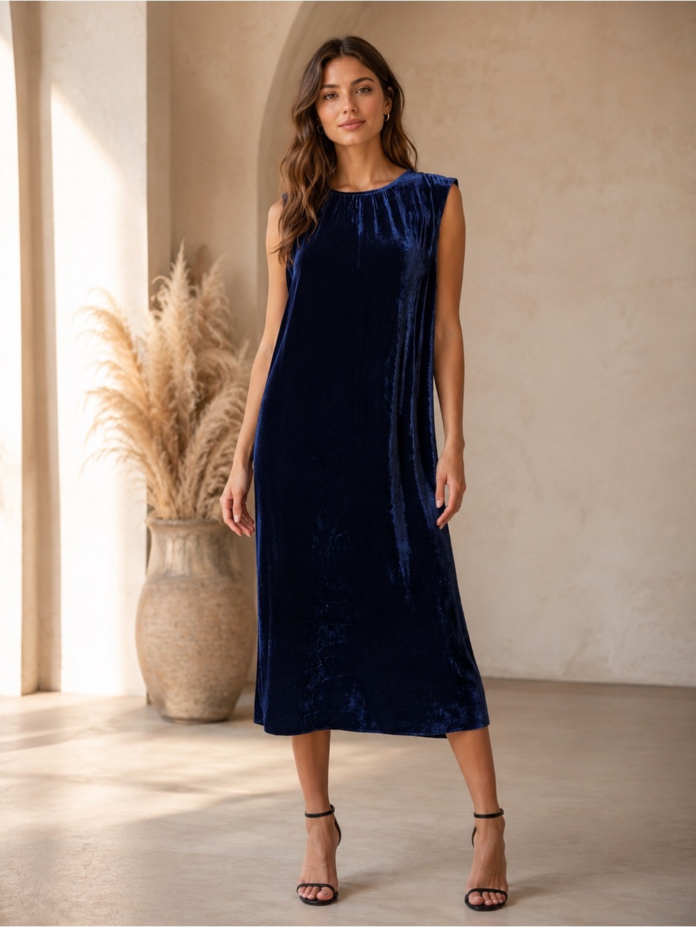 Eileen Fisher Ink Blue Velvet Round Neck Midi Dress Sz L Sleeveless NWT